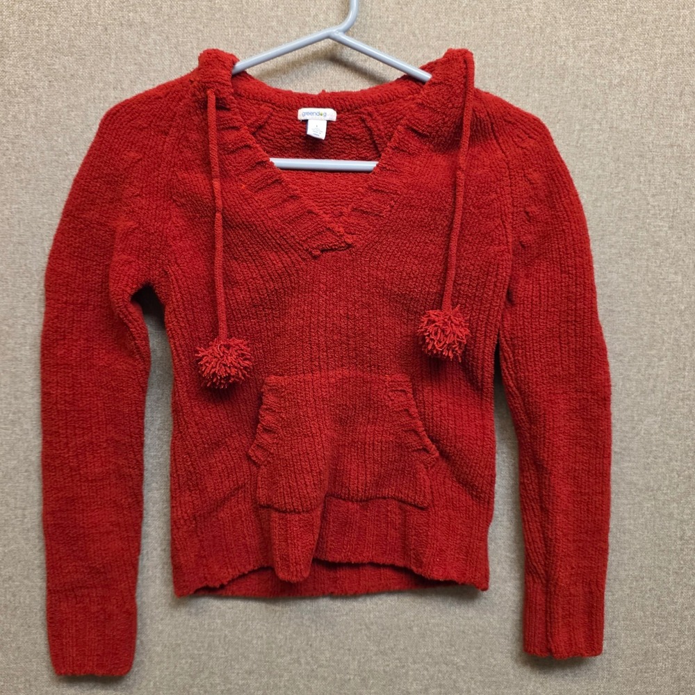 Greendog Red Chenille Knit Hoodie Sweater Pom Pom Drawstring Girls Large